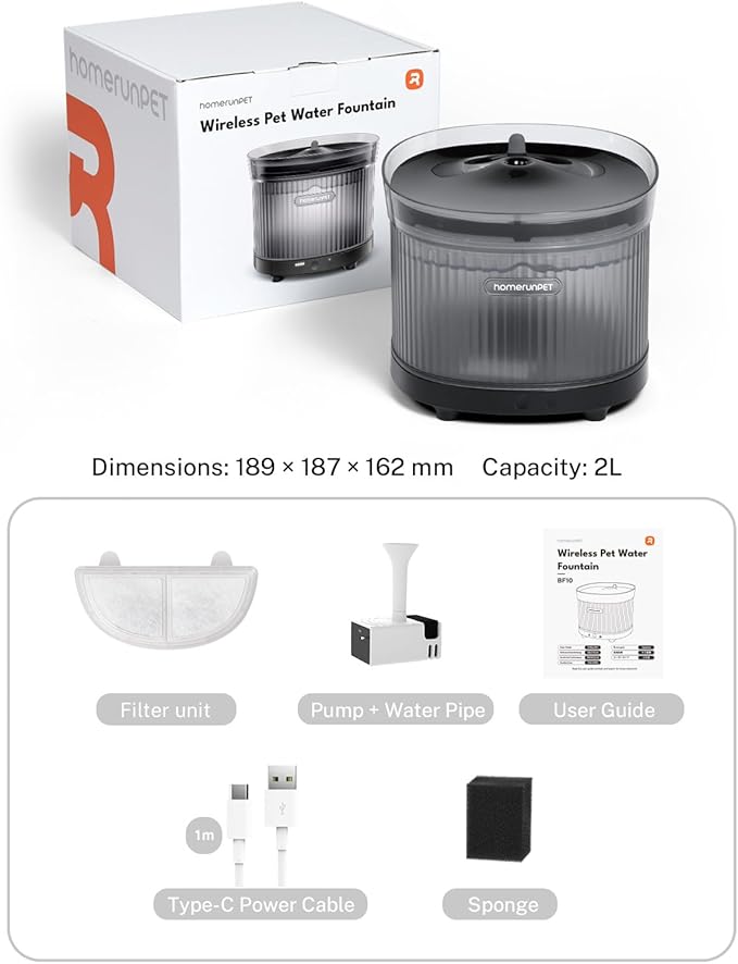 Homerunpet Cordless Cat Water Fountain, 7800mAh Battery, 30-Day Runtime, Easy-Clean Detachable Design, Transparent Tank, Motion Sensor, Black