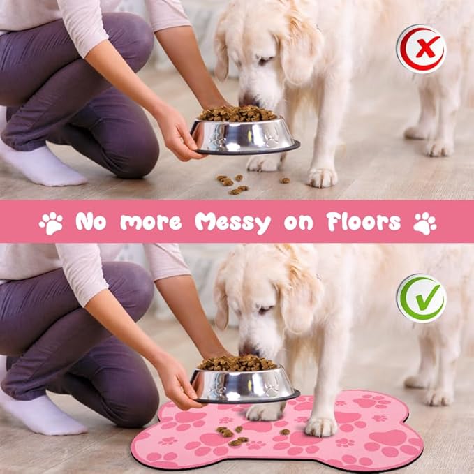 Dog Food Mats for Floors Waterproof, Pet Feeding Absorbent Water Bowl Mat Cat Placemats Pink Bone Shape 23.6 * 15.7 inch