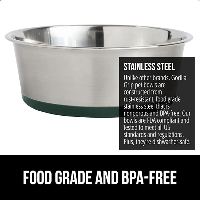 GORILLA GRIP Dog Bowls, Holds 4 Cups Each (32 fl oz), Heavy Duty Stainless Steel Food and Water Bowl for Feeding Dogs and Cats, Dishwasher Safe, Rust Resistant, BPA Free Rubber Base, Set of 2 Green