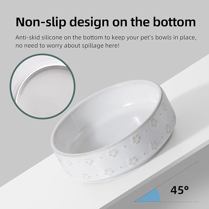 6.1inch Raised Double Cat Bowls Set with Acacia Wood Stand, Wide Whisker Friendly Ceramic Food & Water Bowls for Cats, Puppy, Kitty, Pet Bowl(Double Bowls+Stand, Arctic White)