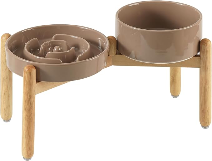 Ceramic Raised Slow Feeder Dog Bowl Set, Elevated 7.3inch Bowl and 8.2inch Puzzle Slow Dish with Wooden Stand for Medium and Large Dog, Anti-Gulping (2X Brown Coffee+ Stand)