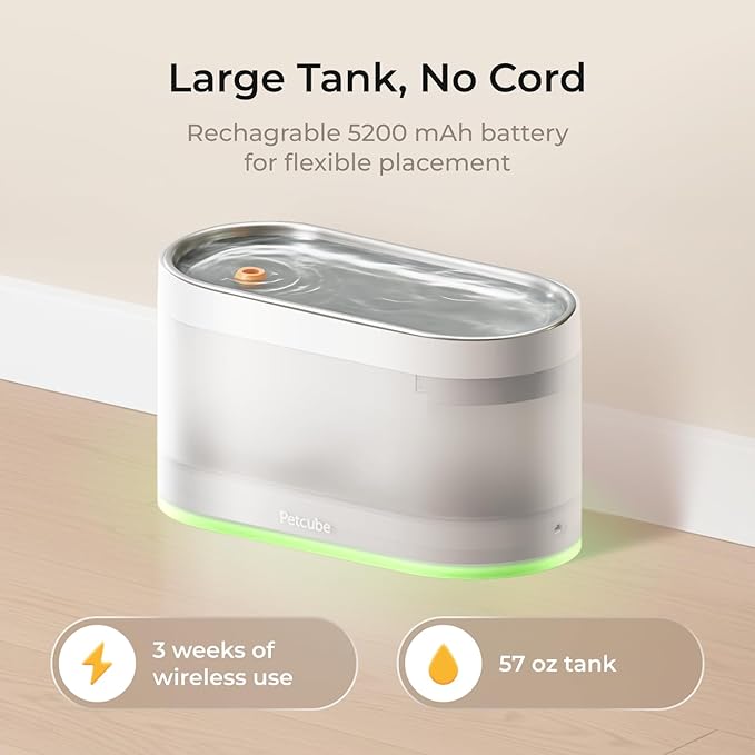 Petcube Pet Water Fountain | Automatic Wireless Fountain for Cats and Dogs with Stainless Steel Bowl, Easy to Clean, 4-Layer Filtration, in-App Filter Control, LED Light, Quiet Pump, Battery Operated