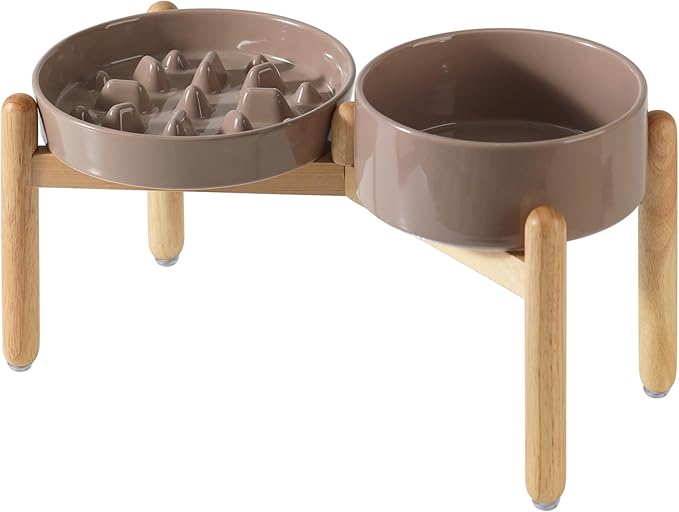 Ceramic 3.2 Cup Raised Slow Feeder Dog Bowl Set, Elevated 8.2inch Bowl and 9.5inch Slow Pet Food Dish with Wooden Stand for Large Dog (2 x Brown Coffee+ Stand)