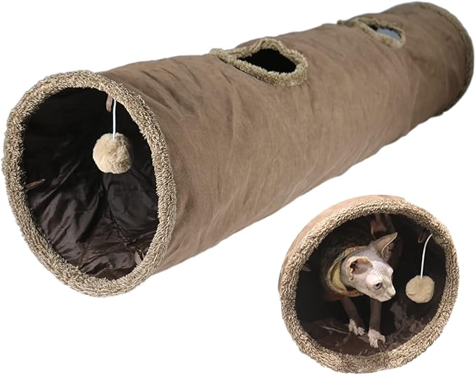 Cat Tunnel for Indoor Cats, 51×12 inch Foldable Big Cat Tunnel, Brown Suede Pet Tunnels with Two Peepholes and a Bubble Ball