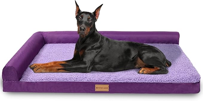 Patas Lague Orthopedic Jumbo Dog Bed for Extra Large Dogs 56''X40'', Waterproof L Bolster Pet Sofa Beds with Removable Washable Cover, Soft Comfortable Pet Couch Crate Mat with Nonskid Bottom, Purple