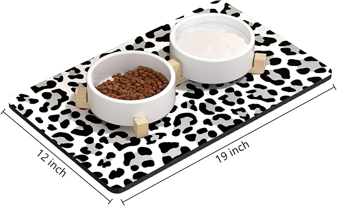 Rnivvi Dog Food Mat, 12" x 19" Leopard Absorbent Dog Cat Bowl Mat for Food and Water, Cute Anti-Slip Rubber Pet Feeding Rug Protect Floors, Puppy Placemat for Feeding & Watering Supplies, Leopard