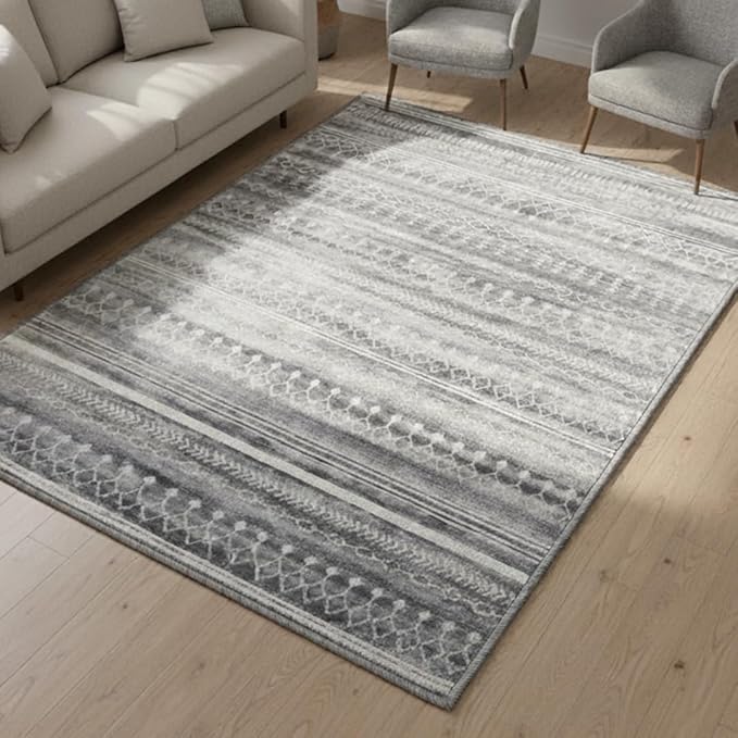 Muddy Mat짰 Greyline 5ft x 7ft Washable Area Rugs for Living Room, Bedroom & Dining Room ??Modern Soft Low Pile Non Slip Carpet ??Pet Friendly Waterproof Foldable Rugs for Home
