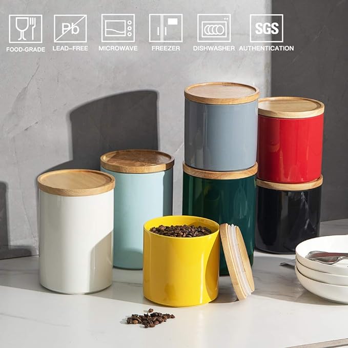 Sweejar Kitchen Canisters Ceramic Food Storage Jar Set, Stackable Containers with Airtight Seal Wooden Lid for Serving Ground Coffee, Tea, Herbs, Grains, Sugar, Salt - Set of 4 (Gray)