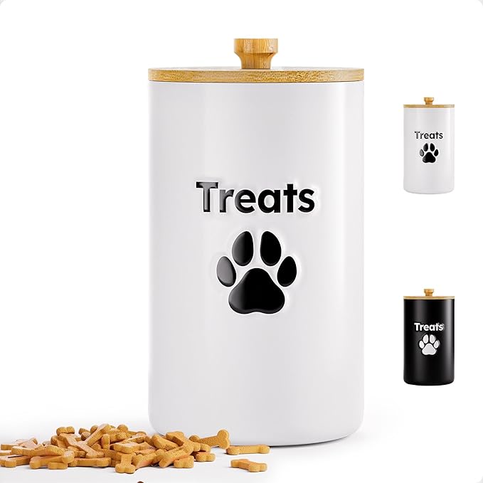 Dog Treat Container Airtight - 5 Inch Wide x 9 Inch Tall Ceramic Dog Treat Jar for Kitchen Counter with Airtight Bamboo Lid - 7 Cup Capacity Pet Treat Container - Doggie Cookie Jar - Treats Canister