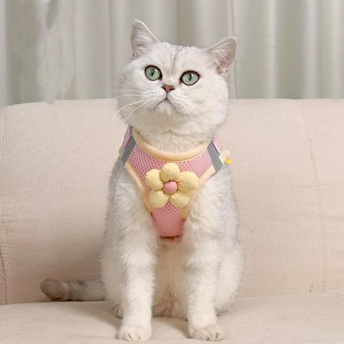Floral Mesh Dog Harness with Matching Leash, Lightweight Pet Vest,Suitable for Small and Medium-Sized Cats and Dogs to Wear， Pink/Yellow (Pink, M:12-15lbs)