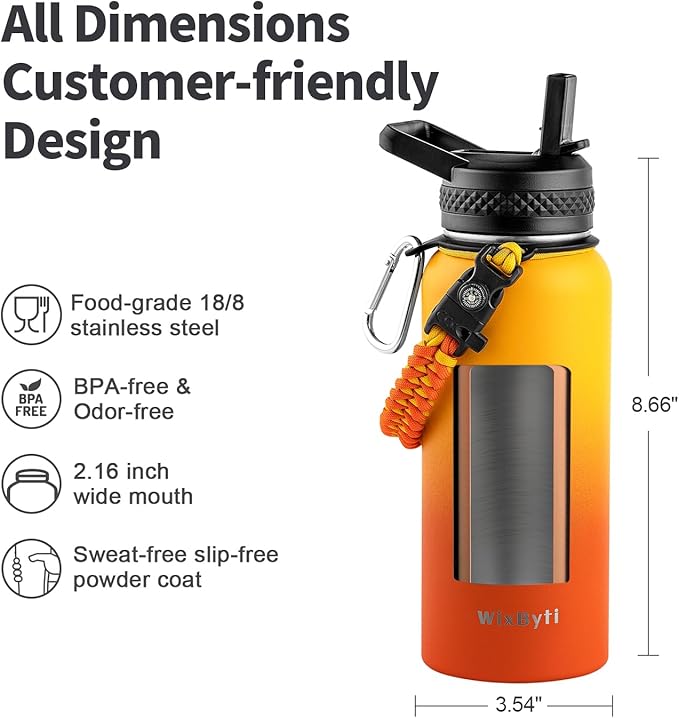 32 oz Insulated Water Bottle with Straw (Cold for 48 Hrs), Stainless Steel Triple Wall Vacuum Sports Water Jug, Leakproof Hydro Cup Flask with Paracord Handle & Straw Spout Lids & DIY Stickers