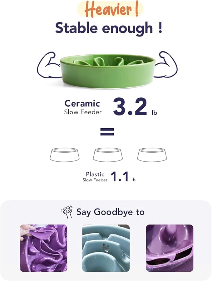 LE TAUCI Ceramic Slow Feeder Dog Bowls Elevated for Small and Medium Breed, Dog Bowls with Wooden Stand, 1.5 Cups Pet Dishes to Slow Down Eating, Anti-Gulping Pet Feeding Dishes, Clover Green