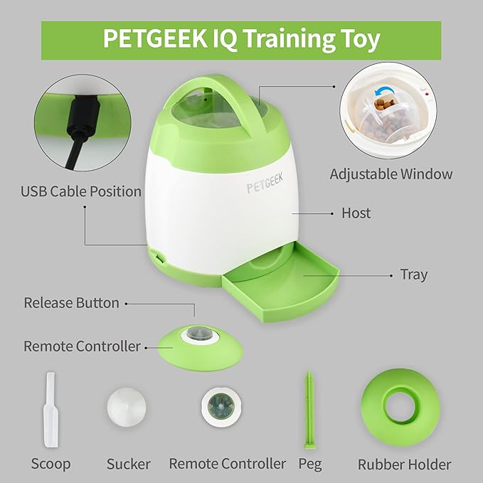PETGEEK Dog Treat Dispenser with Button, Automatic Dog Feeder with Remote Control and Dual Power Supply, Dogs Puzzle Toys and Interactive Pet Stimulation Toys for Indoor or Outdoor Play(Green)