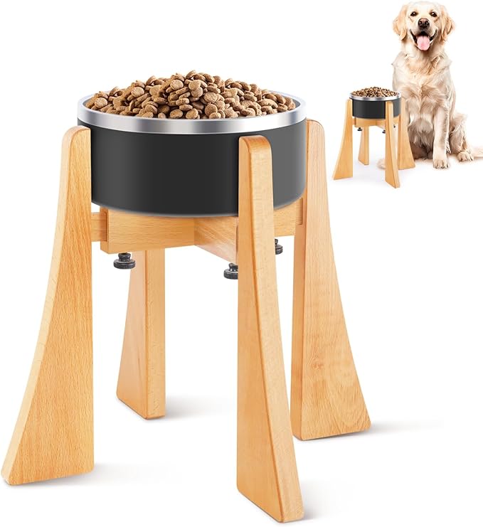 Beech Dog Bowl Stand for Medium Large Dogs,Elevated Feeder Large Breeds,Raised Bowl Stand，Adjustable Width for Different Bowls,Feeding Station with Non-Slip Feet (12-inch High with Bowl)