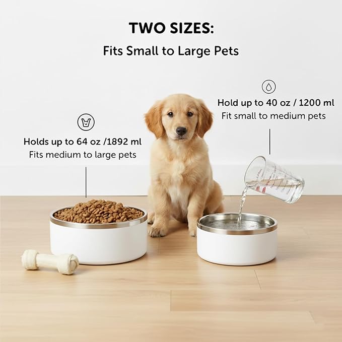 Dog Bowls, Stainless Steel Dog Food and Water Bowl for Small to Large Breed, Anti-Slip, Dishwasher Safer, Rust-Resistant, Easy to Clean, Weighted Durable Metal Bowl (White, 40 oz)