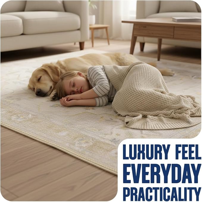 Muddy Mat짰 Champagne 5ft x 7ft Washable Area Rugs for Living Room, Bedroom & Dining Room ??Modern Soft Low Pile Non Slip Carpet ??Pet Friendly Waterproof Foldable Rugs for Home