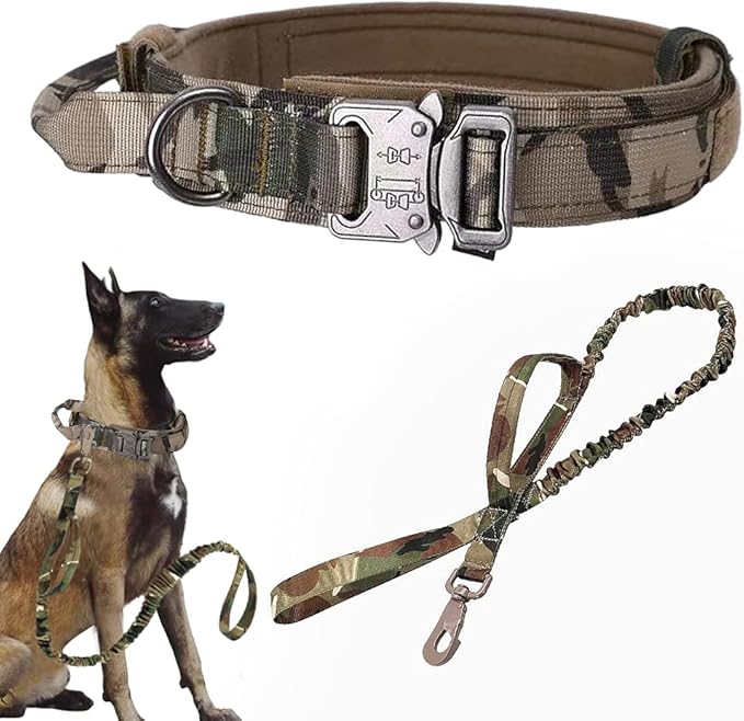Xqpetlihai Tactical Dog Collar and Leash Set Adjustable Military Nylon Dog Collar with Control Handle and Heavy Duty Metal Buckle for Large Dogs （Camo XL