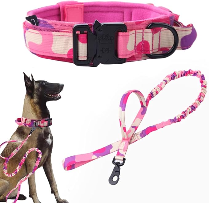 Xqpetlihai Tactical Dog Collar and Leash Set Adjustable Military Nylon Dog Collar with Control Handle and Heavy Duty Metal Buckle for Large Dogs（Pink Camo L