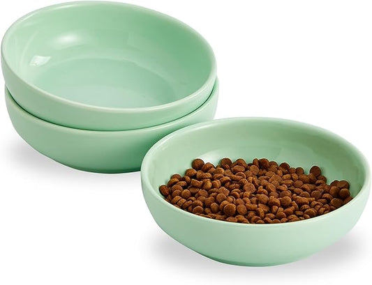 Howise 5.3 in Ceramic Cat Bowls Set, Shallow Food Bowl for Small Pets, Dish for Food and Water, Green
