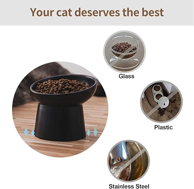 Small Ceramic Raised Cat Bowls, Tilted Elevated Food or Water Bowls, Stress Free, Backflow Prevention, Dishwasher and Microwave Safe, Lead & Cadmium Free(Black)