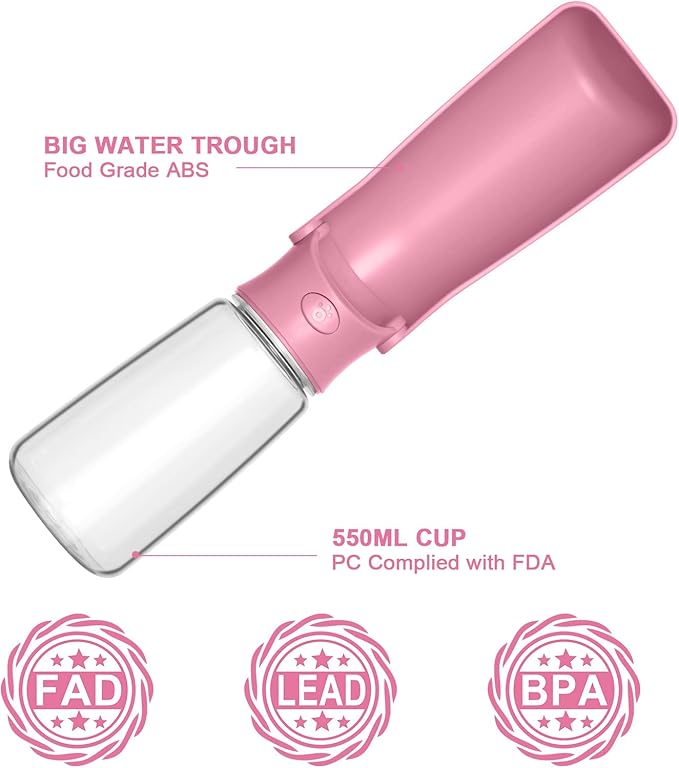 Portable Dog Water Bottle - Foldable Dog Water Dispenser | Leak Proof & Food Grade Plastic Travel | Pet Water Bottle for Cat Outdoor Walking Hiking Travel（US） (Pink, 19oz)