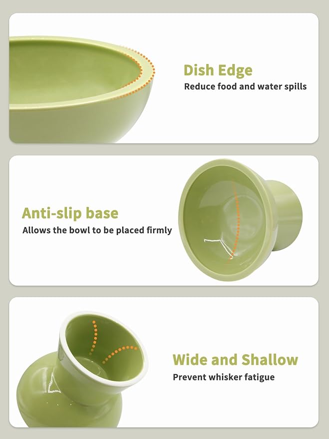 LoeJan Elevated Green Cat Bowls Set - Wide Raised Ceramic Feeder, Anti-Vomit Whisker-Free Bowl for Kittens to Adult Cats