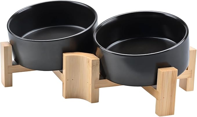 SPUNKYJUNKY 15° Slanted Ceramic Dog and Cat Bowl with Wooden Stand, Tilted Bulldog Food and Water Bowl No Slip Non-Spill for Cats Medium Dogs Big Face Pets 13.5 OZ (1.7 Cups, Black × 2)