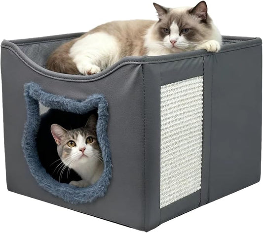 Cat Beds for Indoor Cats, Large Cat Houses with Cozy Condo,with Premium Tech Fabric& Scratch Pad, Round Window, Foldable Indoor Cat House Hold Up to 30LBS, with Reversible Cushion for Multi Small Pet