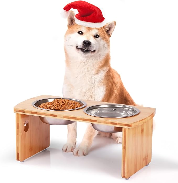 Elevated Dog Bowls, Bamboo Raised Dog Bowl for Medium Dogs, with 2 Stainless Steel Bowls (7'' Tall-40 oz Bowl, Natural)