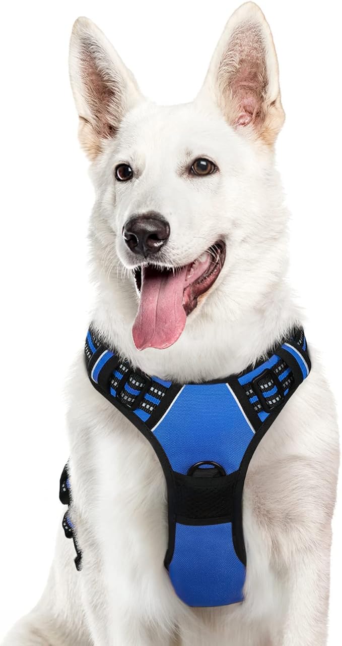 Eagloo Dog Harness for Large Dogs, No Pull Service Vest with Reflective Strips and Control Handle, Adjustable and Comfortable for Walking, No Choke Pet Harness with 2 Metal Rings, Blue, XL