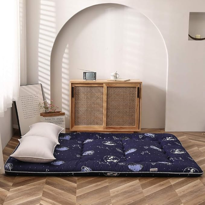 MAXYOYO Navy Space Adventure Japanese Floor Futon Mattress, Thicken Tatami Mat Sleeping Pad Foldable Bed Roll Up Mattress Floor Lounger Bed Couches and Sofas for Kids Queen Size