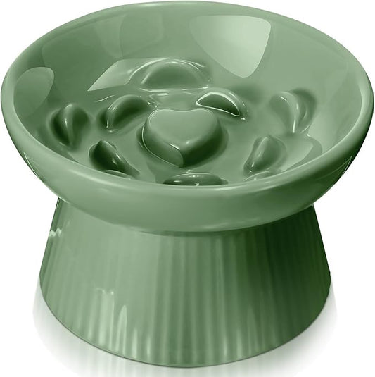 Tioncy 2 Pcs Raised Cat Slow Feeder Bowl Ceramic Elevated Cat Dog Food Bowl No Spill High Edge for Dry Wet Food and Water Easy to Clean, Dishwasher Safe(Sage Green)