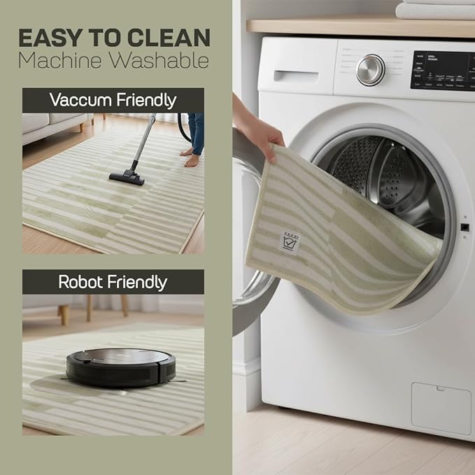 Muddy Mat짰 Creamline 2ft x 10ft Washable Area Rugs for Living Room, Bedroom & Dining Room ??Modern Soft Low Pile Non Slip Carpet ??Pet Friendly Waterproof Foldable Rugs for Home