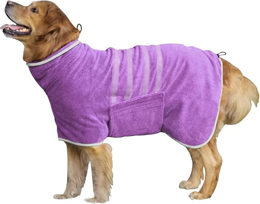 Dog Robe - Fast Drying Towel - Microfiber Super Absorbent Pet Bathrobe, Adjustable Collar & Belly Strap (Purple, Large)