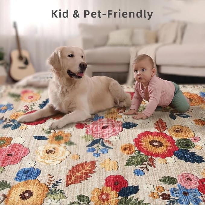 Washable Area Rugs for Living Room: 6x9 Area Rug for Bedroom Vintage Floral Large Rug Stain Resistant Non Slip Low Pile Faux Wool Soft Rugs for Entryway Dining Room Bedside Kitchen Nursery