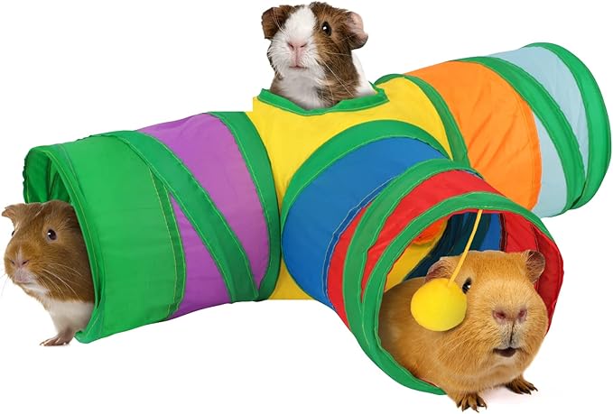 Rypet Guinea Pig Tunnel 3 Way Collapsible Small Pet Tunnels and Tubes with Interactive Ball for Baby Rabbit Ferret Hamster Chinchilla Hedgehog Hiding and Resting