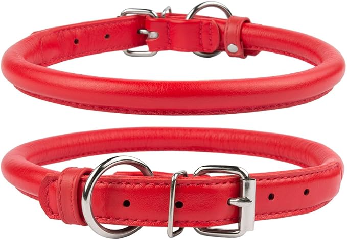 CollarDirect Rolled Leather Dog Collar, Soft Padded Round Puppy Collar, Handmade Genuine Leather Collar Dog Small Large Cat Collars 13 Colors (6-7 Inch, Red Textured)