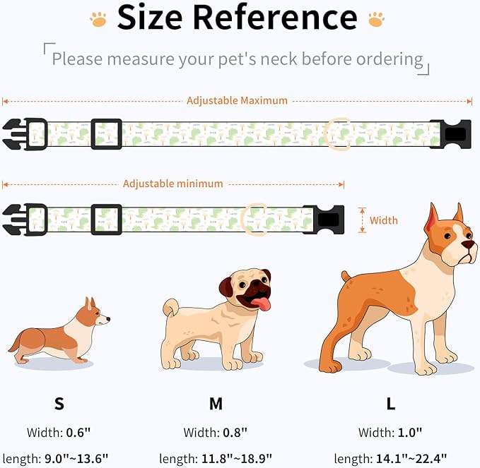 Cotton Dog Collar,Adjustable Cute Puppy Collar with Moon Patterned Design for Small Medium Large Dogs,Soft and Fancy Pet Collar with Safety Buckle for Girl Boy Dogs (Green Dinosaur, S)
