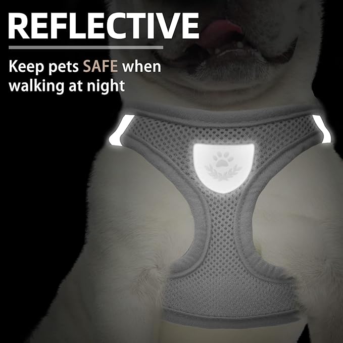 PUPTECK Adjustable Dog Harness Collar and Leash Set Step in No Pull Pet Harness for Small Medium Dogs Puppy and Cats Outdoor Walking Running, Soft Mesh Padded Reflective Vest Harnesses, Solid Grey S