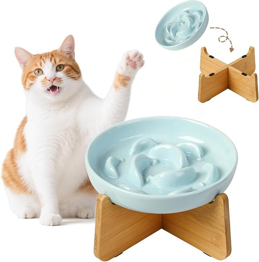 Elevated Slow Feeder Cat Bowl - Ceramic Cat Food Dish with Anti-Slip Bamboo Stand - Whisker Friendly Feeding Bowl - Raised Maze Plate for Slow Down Eating - Pale Blue