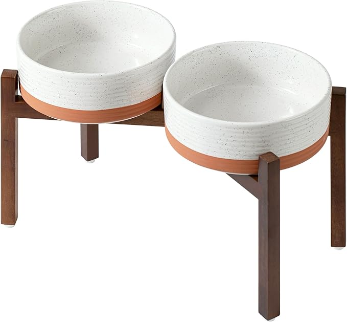 Ceramic 8.2inch Raised Double Dog Bowls Set with Acacia Wood Stand, Food & Water Bowls for Large Breed Dogs, Weighted Pet Dishes(60oz, Vanilla White)