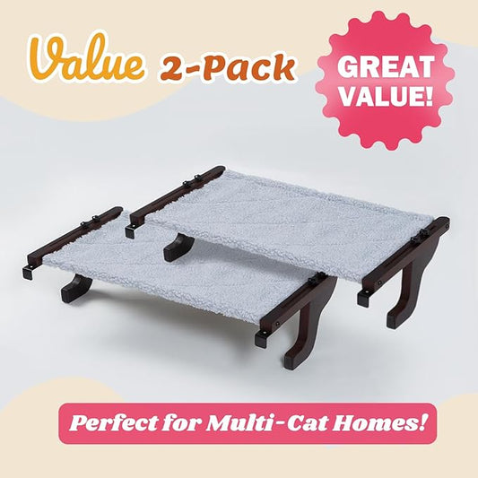 Zakkart 2PC Easy Seat Cat Perch for Window Sill - Hammock Design w/Pine Wood & Robust Metal Frame - Cat Window Seat for Large Cats and Kittens (Dark Stained Wood w/Gray Bed, Large (26''W x 14''D)