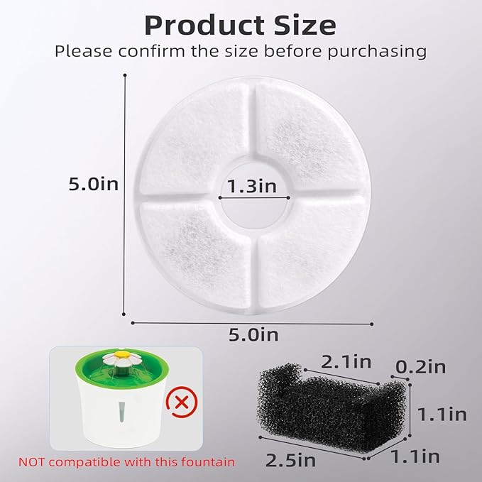 Filters Replacements for Flower Automatic Pet Fountains, Cat and Dog Water Fountain Replacement Parts, Cat Water Fountain Filters for 81oz/2.4L Round Fountains (8 Filters+4 Sponges)