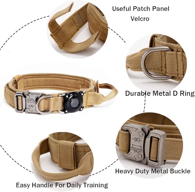 Xqpetlihai Upgraded AirTag Dog Collar Waterproof Tactical Dog Collar with AirTag Holder Heavy Duty Dog Collars for Large Dogs（Brown,M