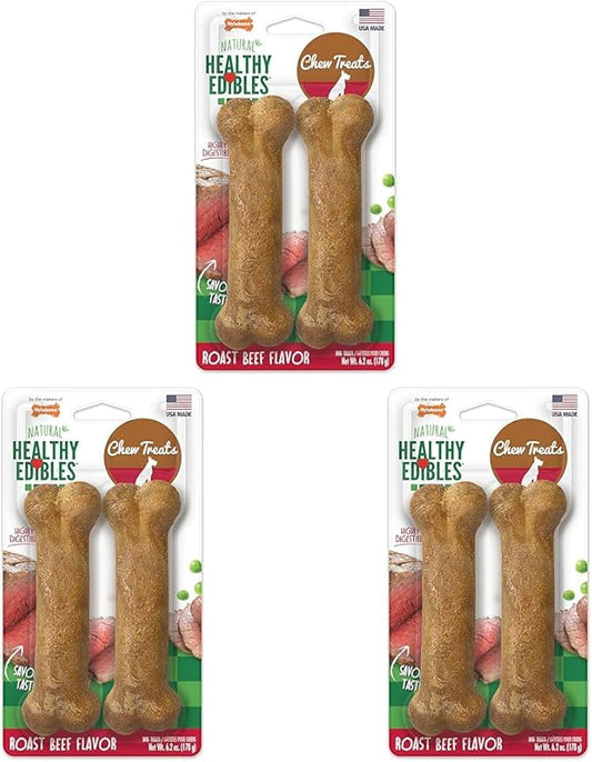 Nylabone Healthy Edibles Natural Dog Chews Long Lasting Roast Beef Flavor Treats for Dogs, Medium/Wolf (2 Count) (Pack of 3)