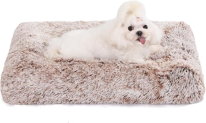 Bedfolks Waterproof Crate Bed, Plush Dog & Cat Bed with Removable Washable Cover, Faux Fur Kennel Pad, 23"x18", Brown