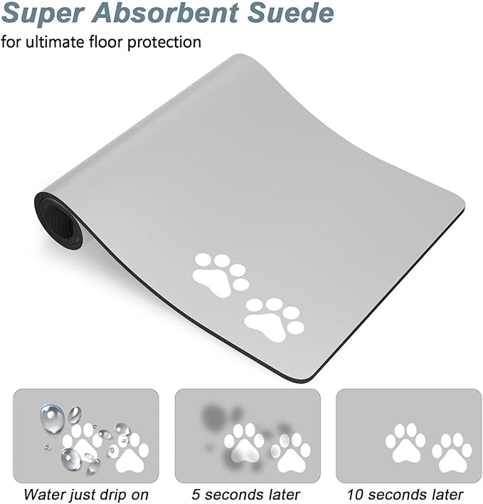 Rnivvi Dog Food Mat, 16" x 24" Footprint Absorbent Dog Cat Bowl Mat for Food and Water, Cute Anti-Slip Rubber Pet Feeding Rug Protect Floors, Puppy Placemat for Feeding & Watering Supplies, Gray