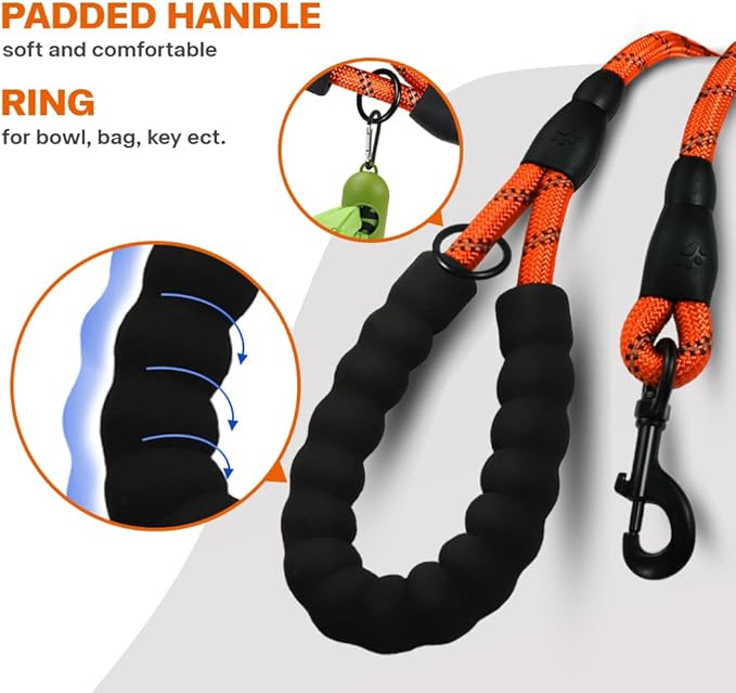 Taglory Rope Dog Leash 6 FT with Comfortable Padded Handle, Highly Reflective Threads Leash for Small Dogs, 3/8 inch, Orange
