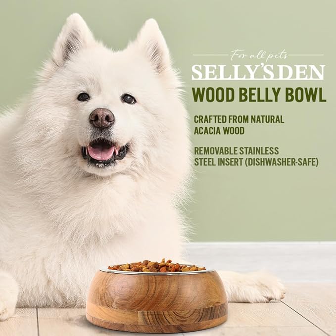 Selly’s Den Wood Belly Pet Bowl - Low Profile Elevated Base with Stainless Steel Insert, Real Wood Base with Stainless Steel Insert Non Slip and Spill Resistant Base (6 Oz)