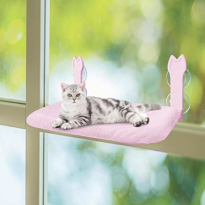 2 Pack Cat Window Perch,Cat Window Hammock Cordless Foldable Window Bed with 4 Large Strong Suction Cup,Reversible Cushion Cover,Metal Frame Easy to Adjust Window Seat Holds up to 40lbs(Pink，M)